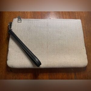 Steve Madden Clutch. Natural Canvas with Metalic Threads, Black and White Lining
